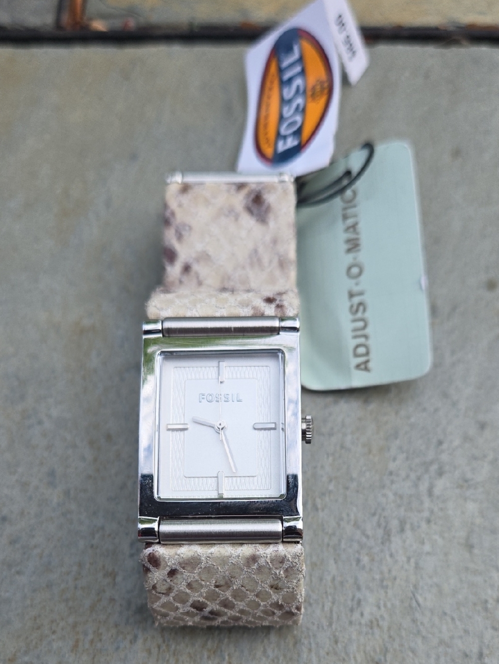Fossil Silver Case Watch with Cream Snake-Texture Strap